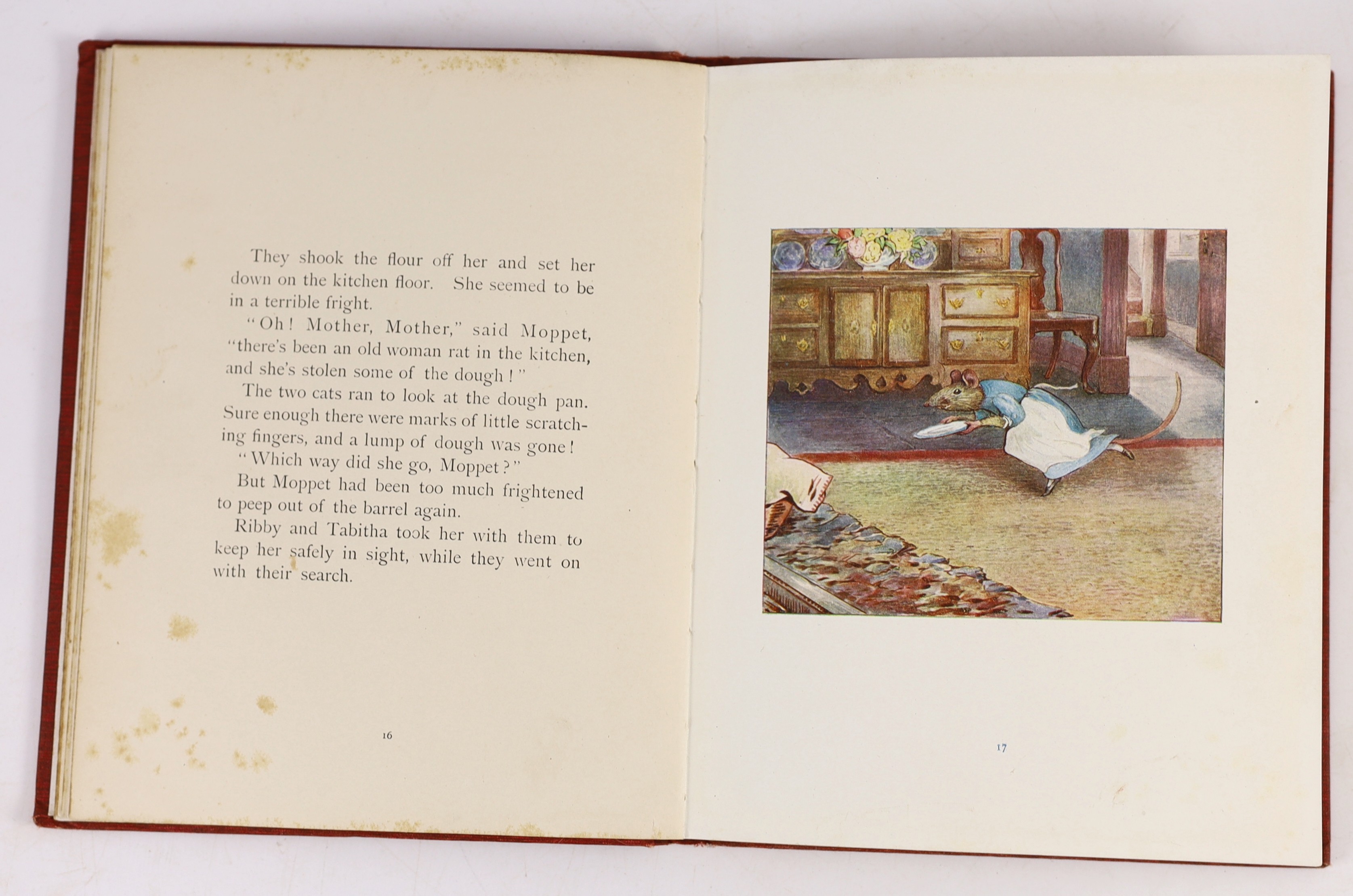 Potter, Beatrix - The Roly-Poly Pudding. First Edition. coloured pictorial title, full-page coloured and num. text illus.; publisher's red cloth with coloured illus. mounted on upper board within green rules, coloured pi